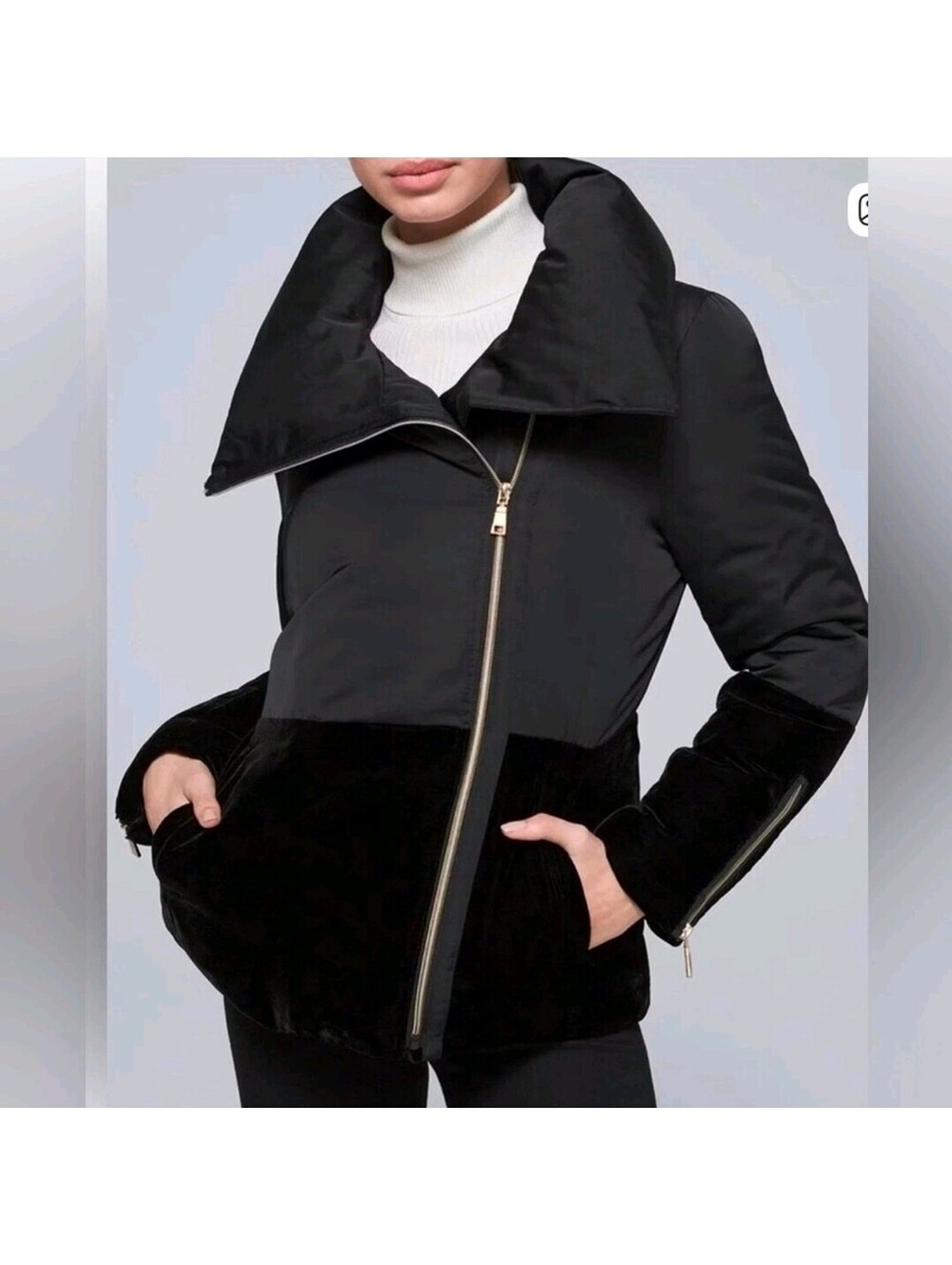 White House Black Market Large Womens Blk Puffer Jacket Mixed Media Velvet $220